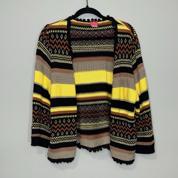 Together Sweaters - Together‎ Womens Open Front Cardigan Yellow Black Geometric Striped Pom Pom